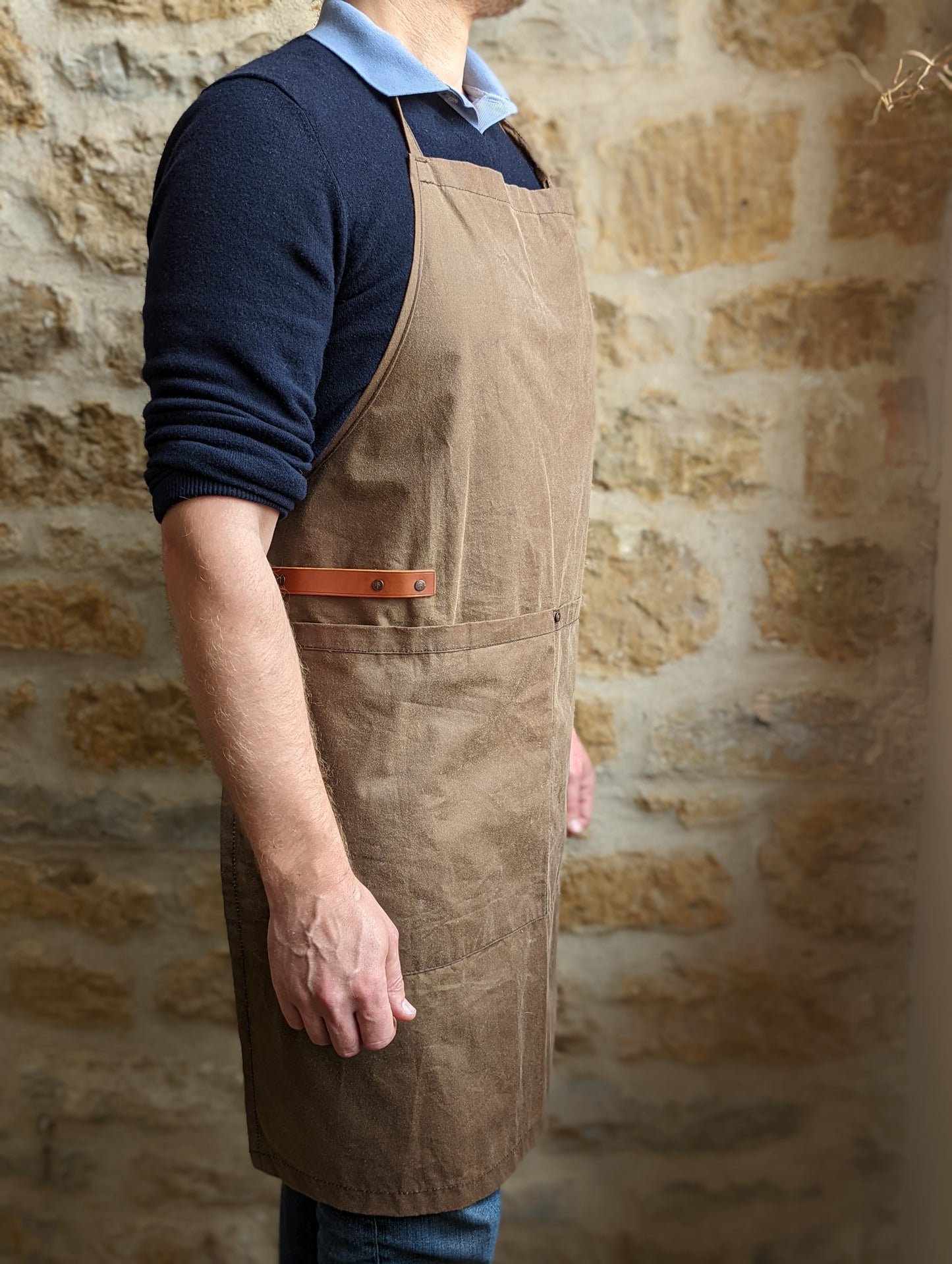 Handcrafted Waxed Cotton Full Bib Apron (with leather strap)